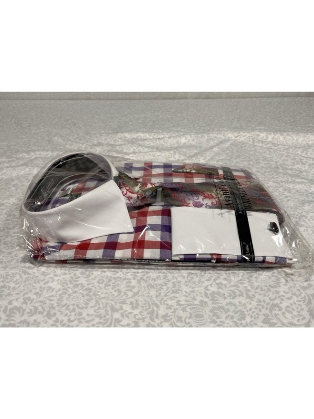 Avanti Uomo Dress Shirt Set 17.5 36/37 XL Plaid Paisley Tie Pocket Square NWT - Picture 8 of 13